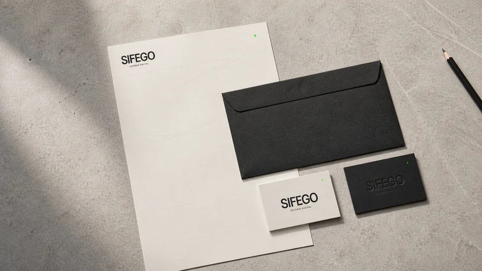 Papelaria conceitual da Sifego organizada sobre uma superfície mineral.