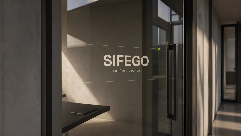 Aplicação conceitual da marca Sifego em uma porta de vidro de arquitetura contemporânea.