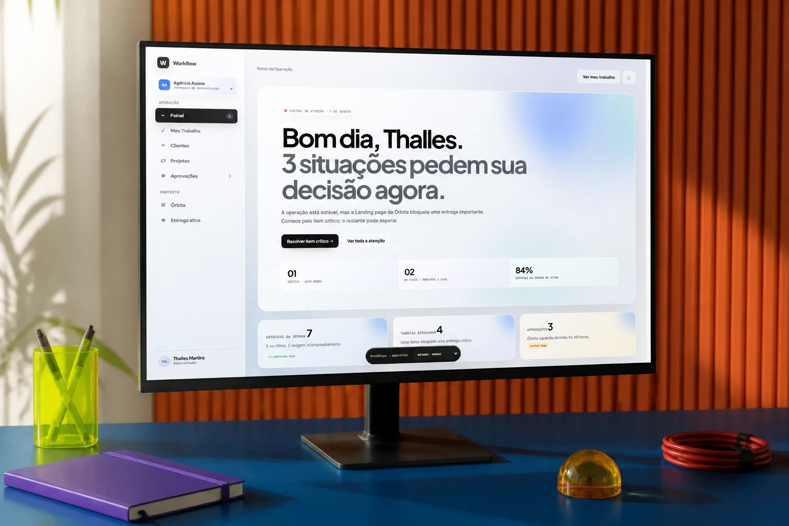 Estação de trabalho conceitual com a tela real da operação do Workflow.