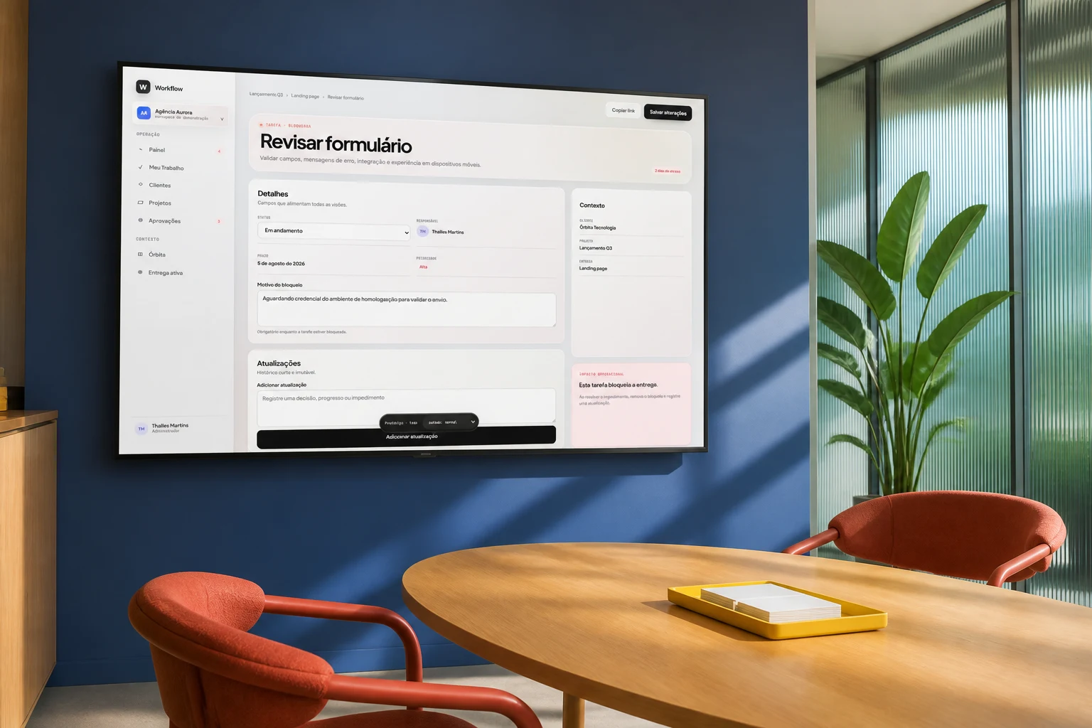 Sala de decisão conceitual com a tela real de tarefa bloqueada do Workflow.