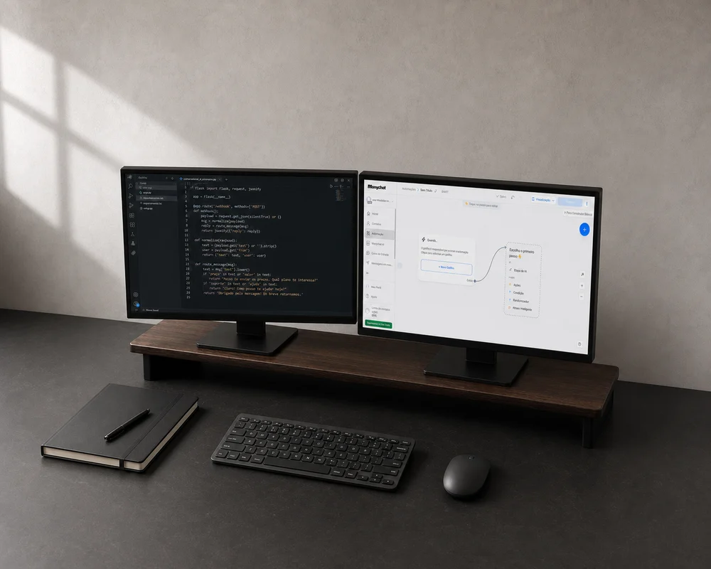 Estação de trabalho conceitual com código Python e um fluxo em construção no ManyChat.