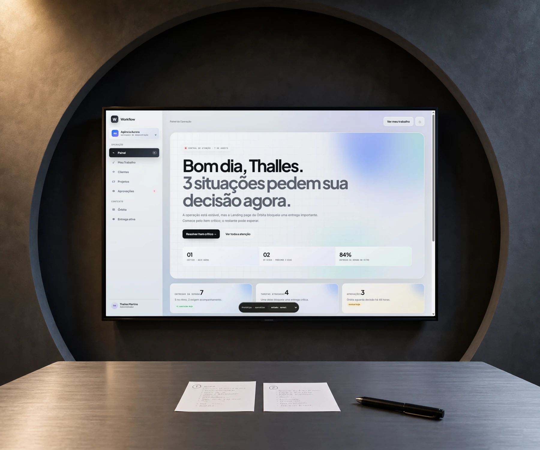 Tela real da demonstração do Workflow em uma ambientação arquitetônica conceitual.